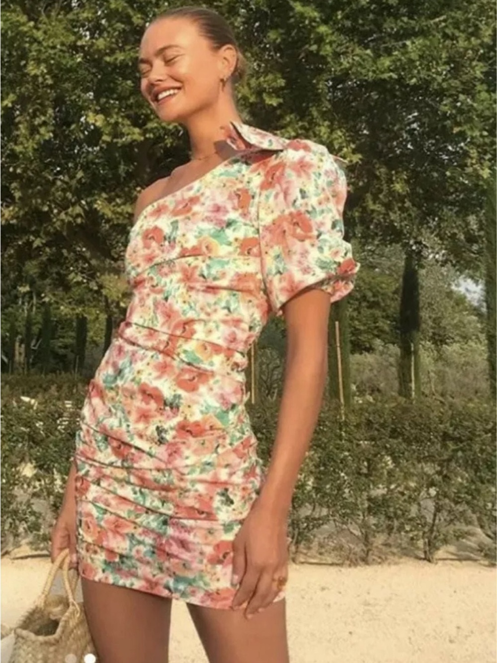 Zara Floral One-Shoulder Ruched Mini Dress - Pink Floral Small NWT